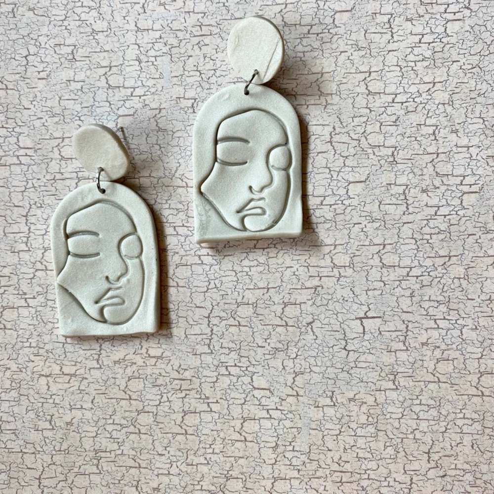 Handmade Clay Earrings | Face Outline Statue | Pearl White | Push Backs